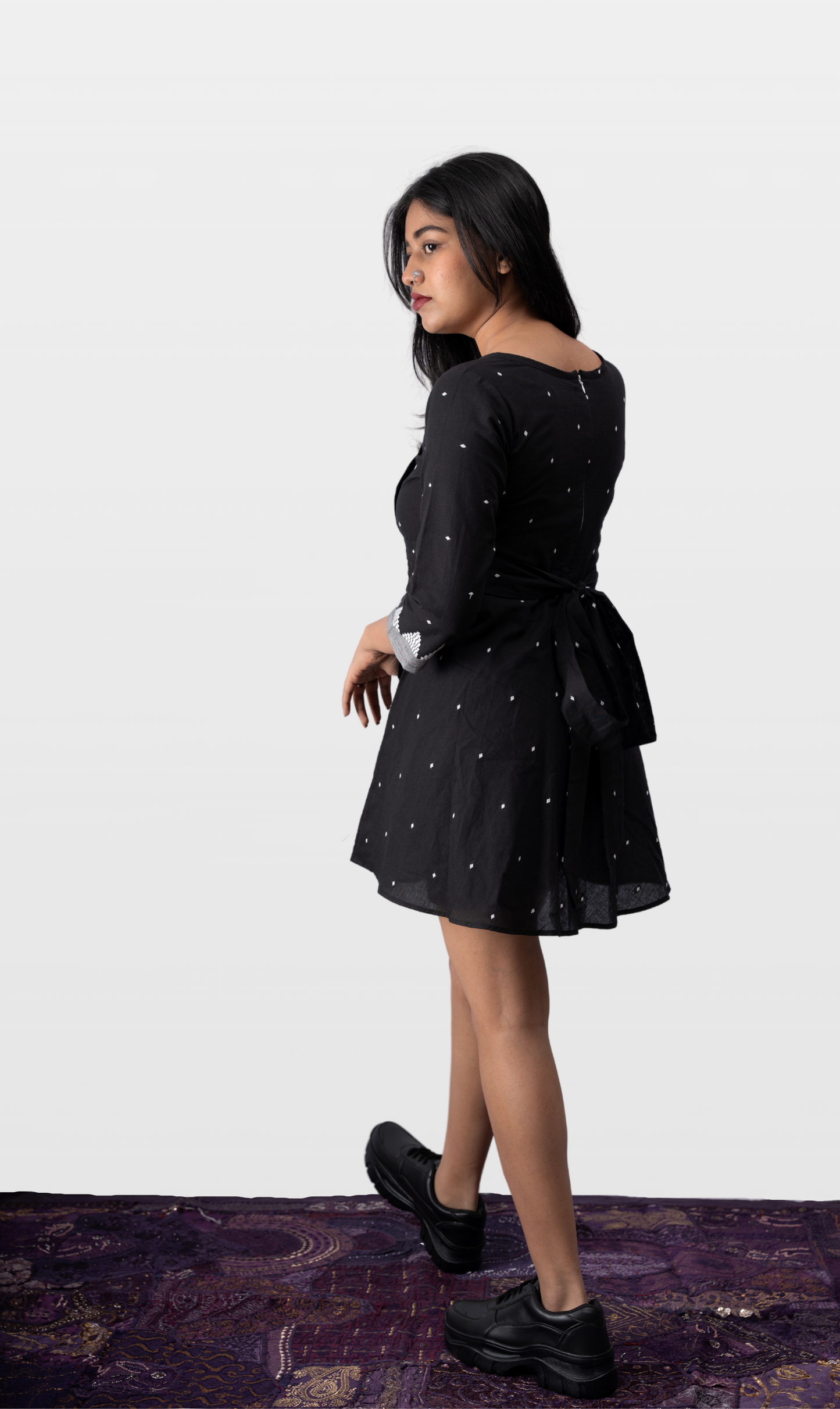 House of Leela Indian Handloom VIHA Jacquard Dress Black and silver pleated with silver buti, round crew neck and border waist banded knots with back zip closure and pockets dress pure cotton