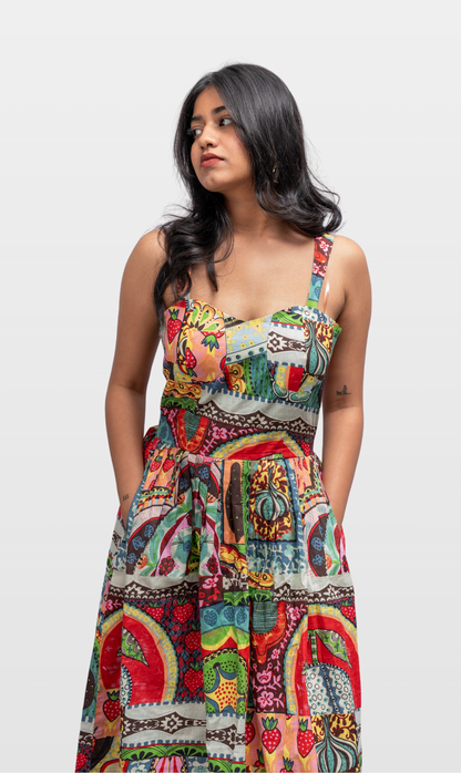 House of Leela Handloom MALAR Jaipur Screen/Block Print Quirky Dress Vibrant Multicolour sleeveless sweetheart neck gathered waist tea length elegant dress with pockets pure cotton back zip closure