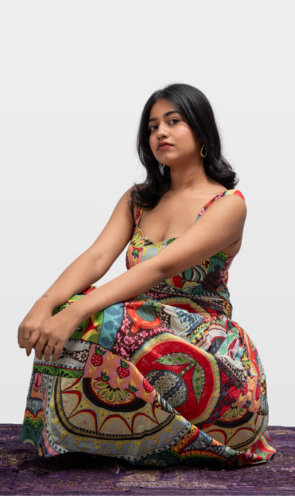 House of Leela Handloom MALAR Jaipur Screen/Block Print Quirky Dress Vibrant Multicolour sleeveless sweetheart neck gathered waist tea length elegant dress with pockets pure cotton back zip closure