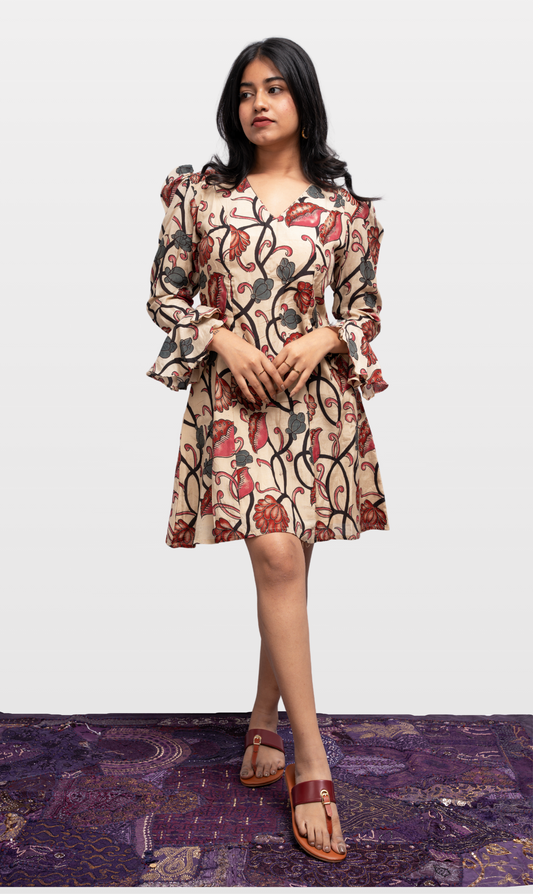 House of Leela Indian Handloom ARU Uppada Cotton Silk Dress Beige Multicolour Floral Print v neck long ruffle sleeves knee length dress with pockets back zip closure