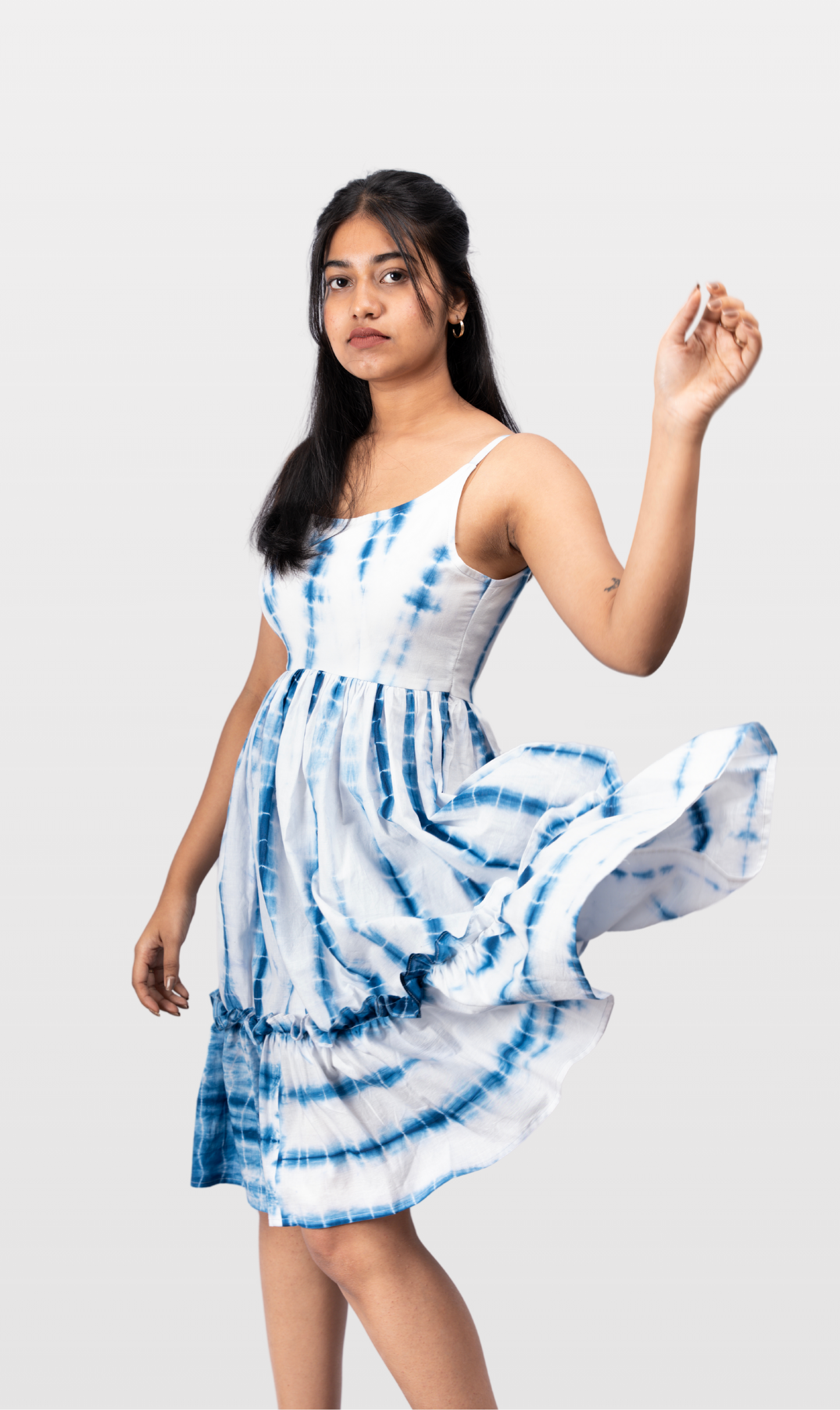 House of Leela Handloom NILA Tie-Dye Ruffle Dress Blue and white pure cotton sleeveless single strap gathered waist ruffle knee length dress back zip closure