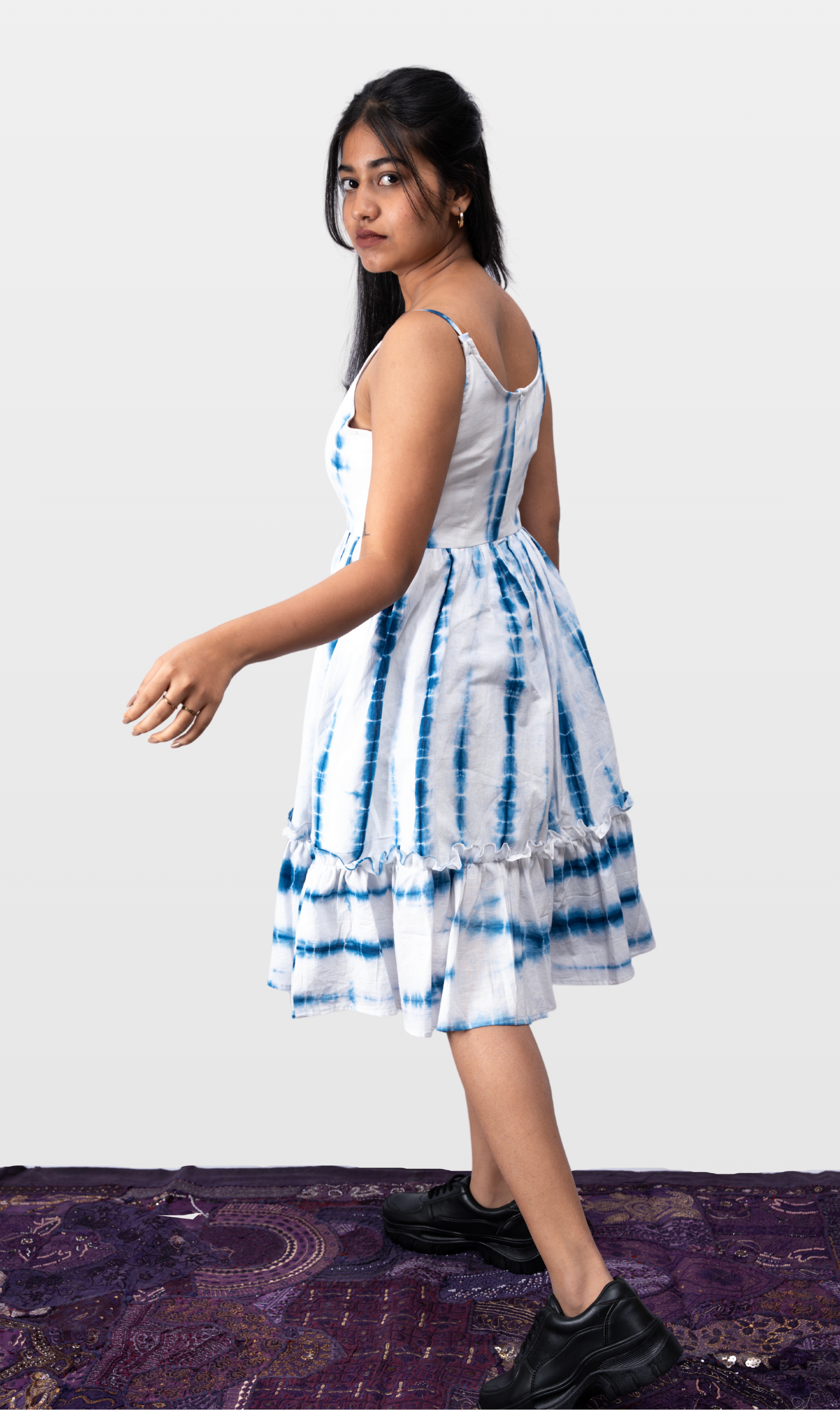 House of Leela Handloom NILA Tie-Dye Ruffle Dress Blue and white pure cotton sleeveless single strap gathered waist ruffle knee length dress back zip closure