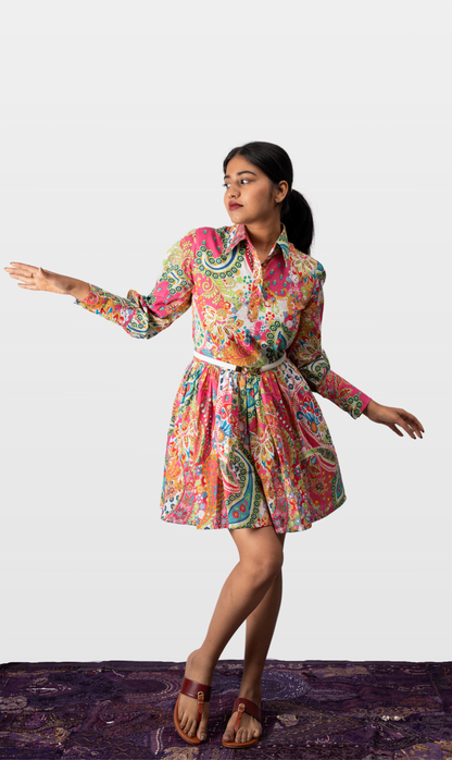 House of Leela Handloom MURA Vibrant Jaipur Screen Print block print Dress pink green white multicolour collar front button full sleeves with cuffs gathered skirt fitted bodice pure cotton short dress