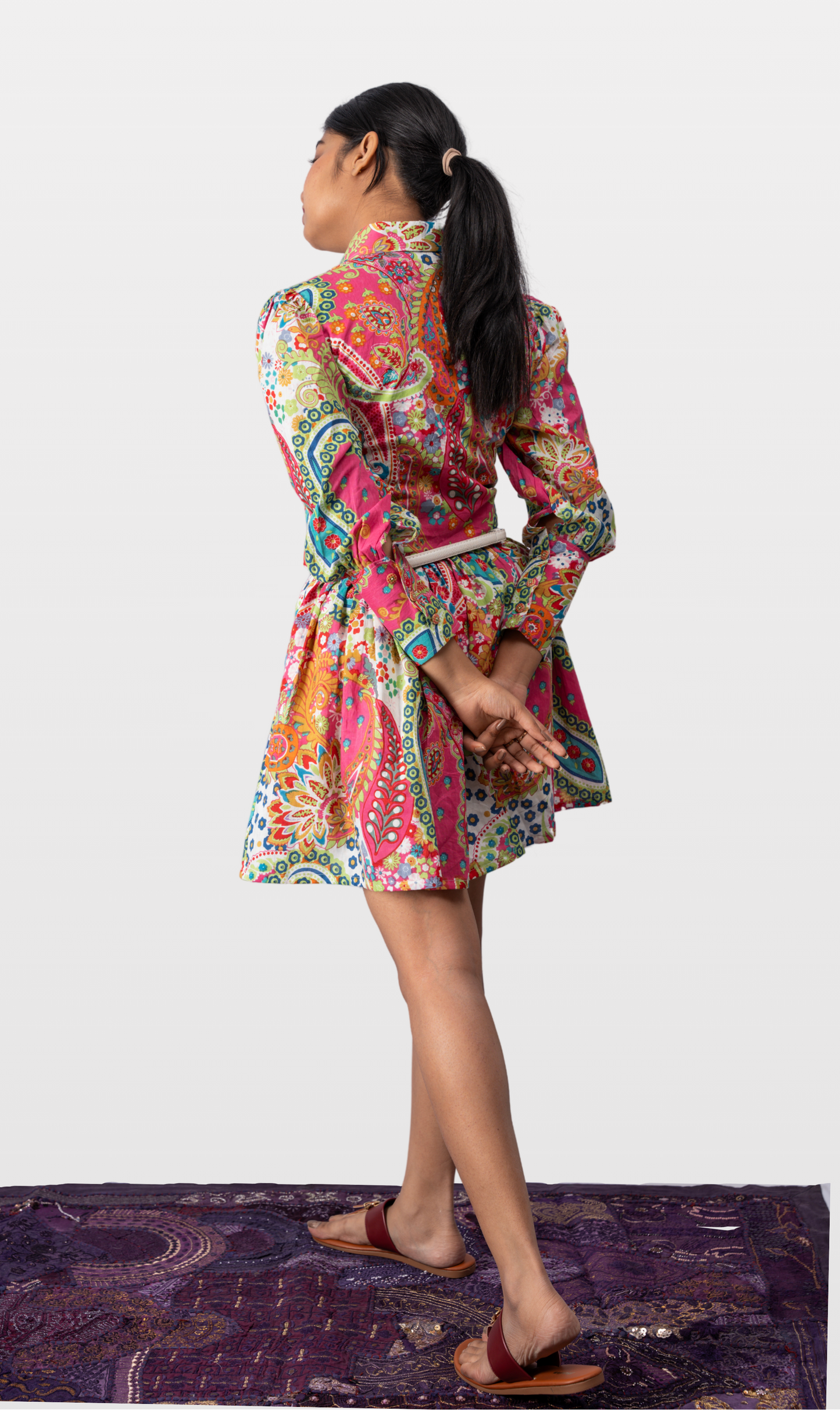 House of Leela Handloom MURA Vibrant Jaipur Screen Print block print Dress pink green white multicolour collar front button full sleeves with cuffs gathered skirt fitted bodice pure cotton short dress