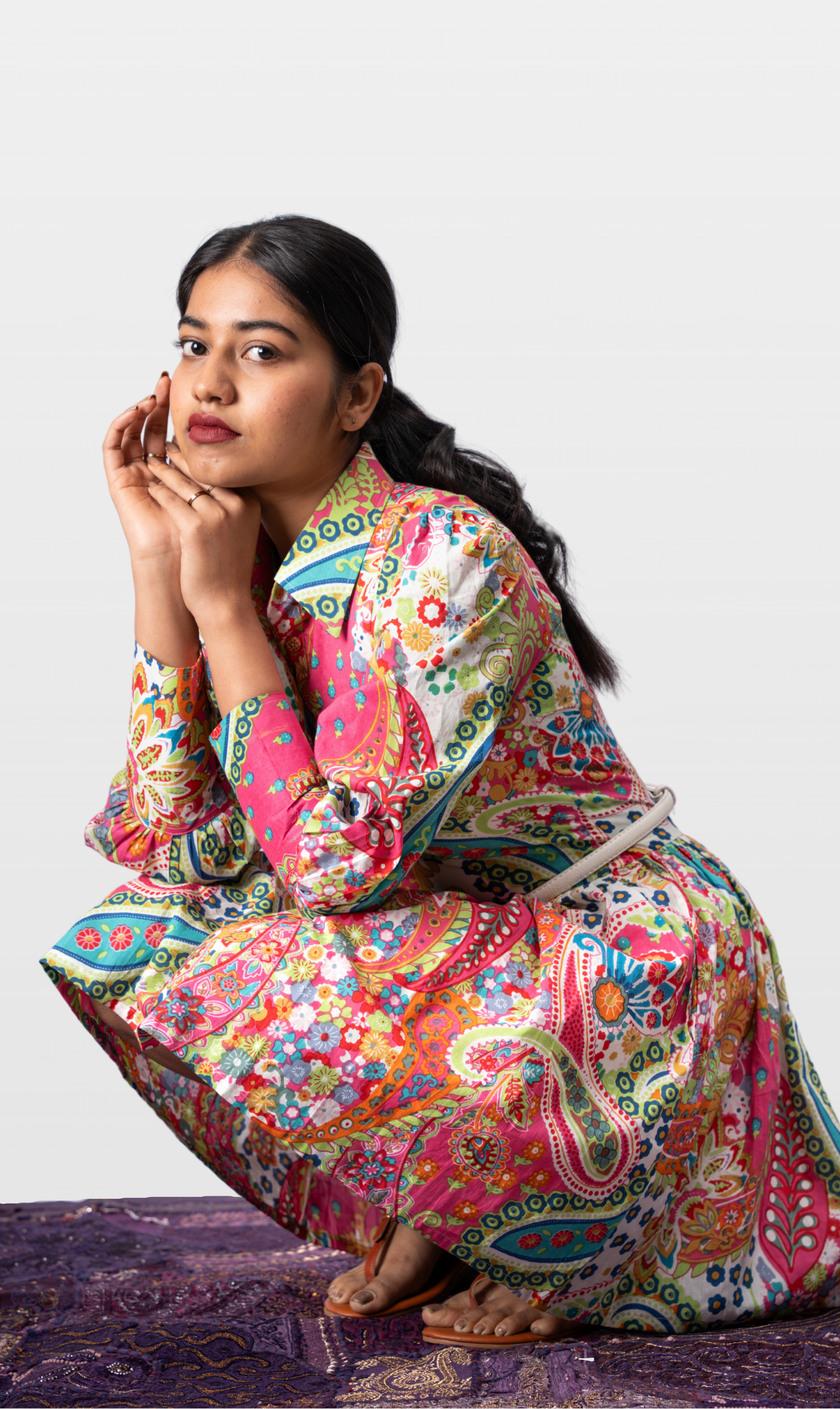 House of Leela Handloom MURA Vibrant Jaipur Screen Print block print Dress pink green white multicolour collar front button full sleeves with cuffs gathered skirt fitted bodice pure cotton short dress