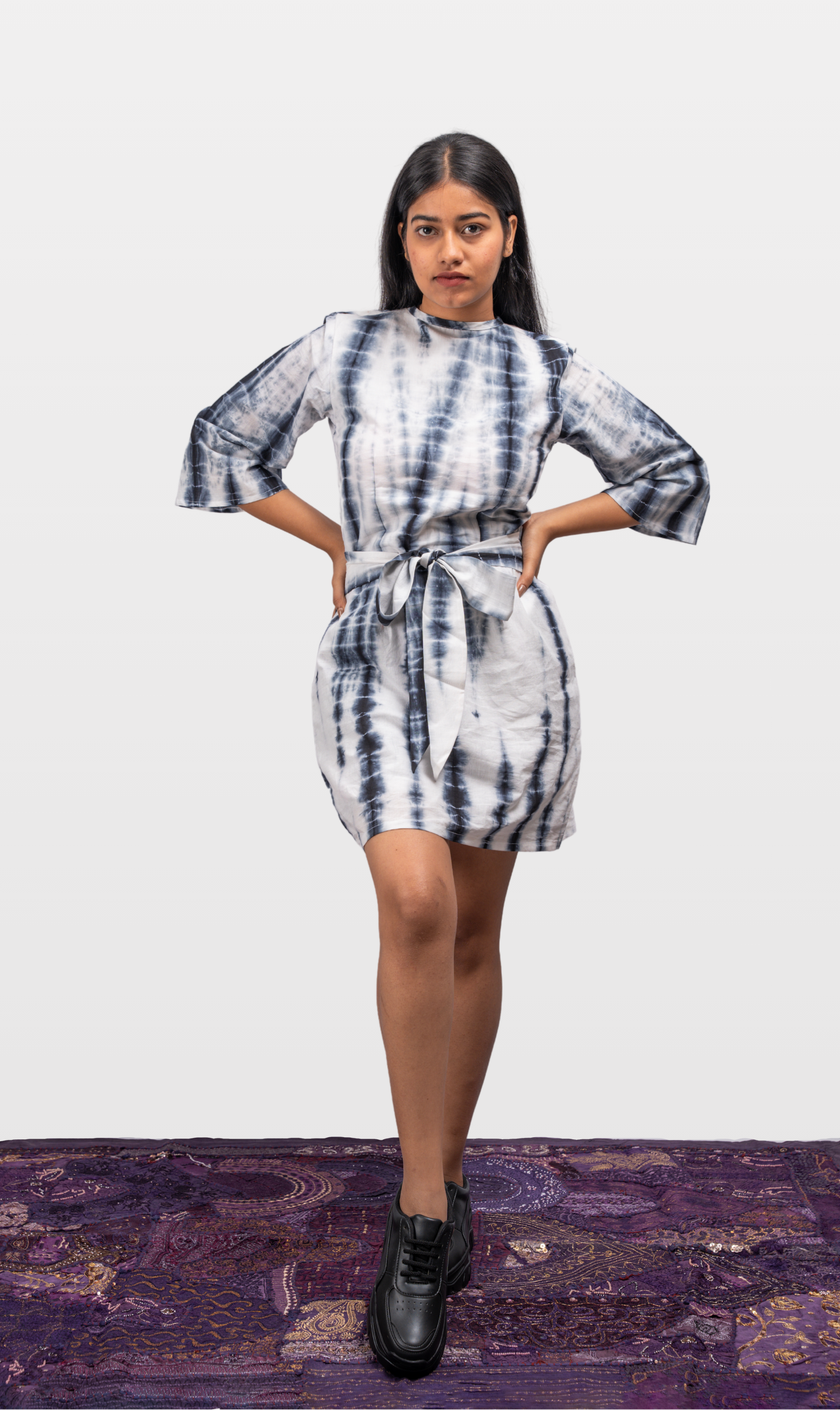 House of Leela Handloom LASI Bohemian Bandhani Tie-Dye Dress Black and white long bell sleeves stylish front knot crew neck bodycon short dress with pockets pure cotton