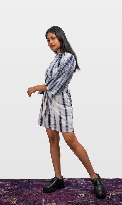 House of Leela Handloom LASI Bohemian Bandhani Tie-Dye Dress Black and white long bell sleeves stylish front knot crew neck bodycon short dress with pockets pure cotton