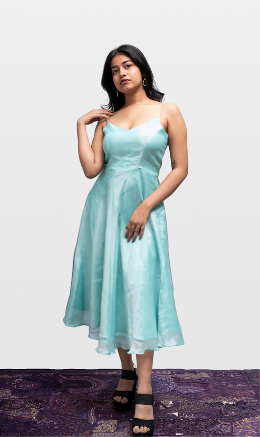 House of Leela Handloom MOHA Mangalagiri Cotton Silk Cocktail Dress Teal sky blue elegant shine shimmer sleeveless spaghetti straps fitted bodice tea length dress back zip closure V neck