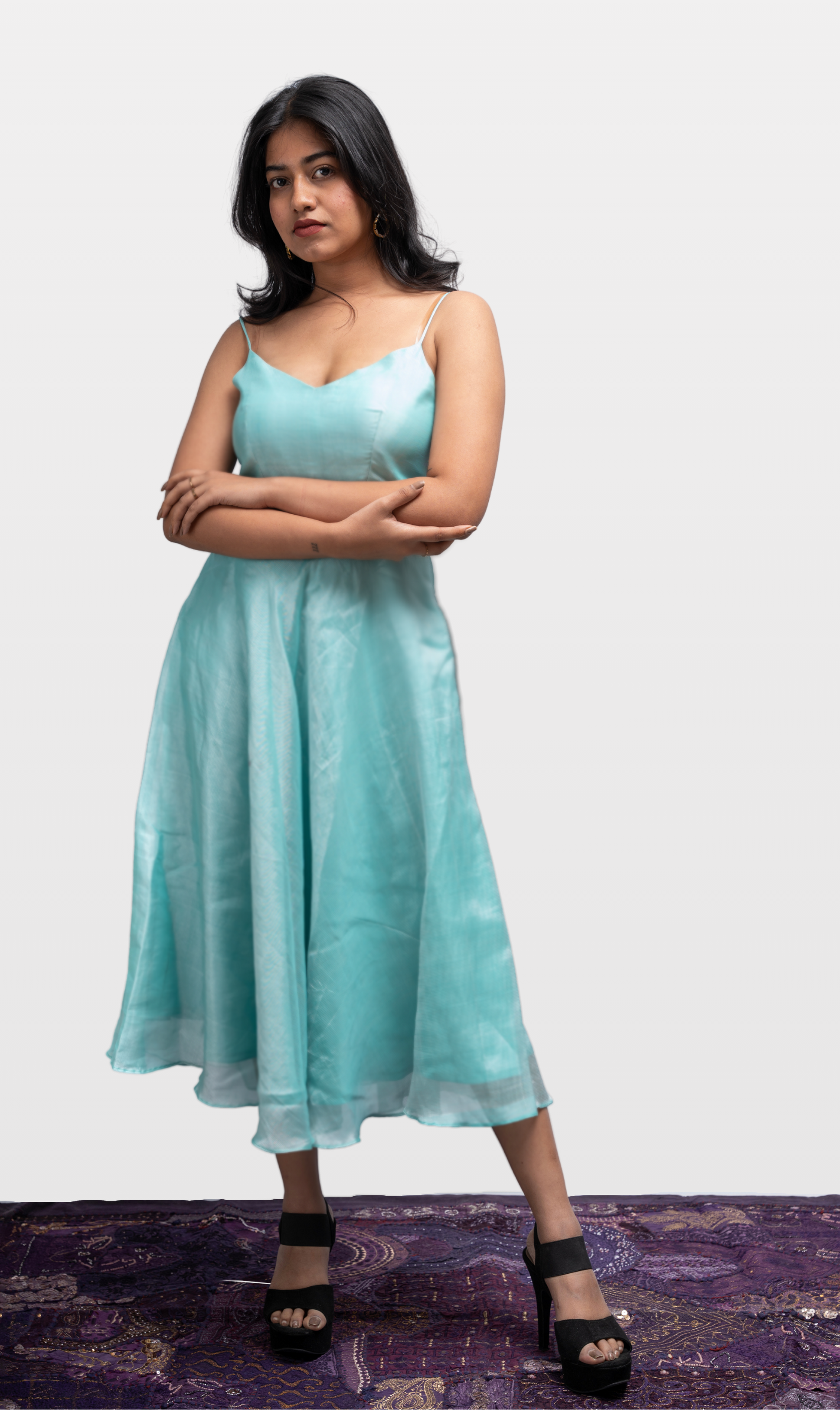 House of Leela Handloom MOHA Mangalagiri Cotton Silk Cocktail Dress Teal sky blue elegant shine shimmer sleeveless spaghetti straps fitted bodice tea length dress back zip closure V neck