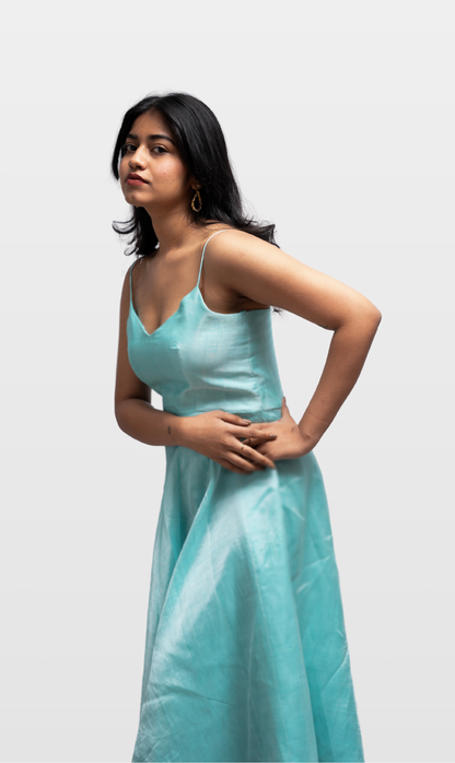 House of Leela Handloom MOHA Mangalagiri Cotton Silk Cocktail Dress Teal sky blue elegant shine shimmer sleeveless spaghetti straps fitted bodice tea length dress back zip closure V neck