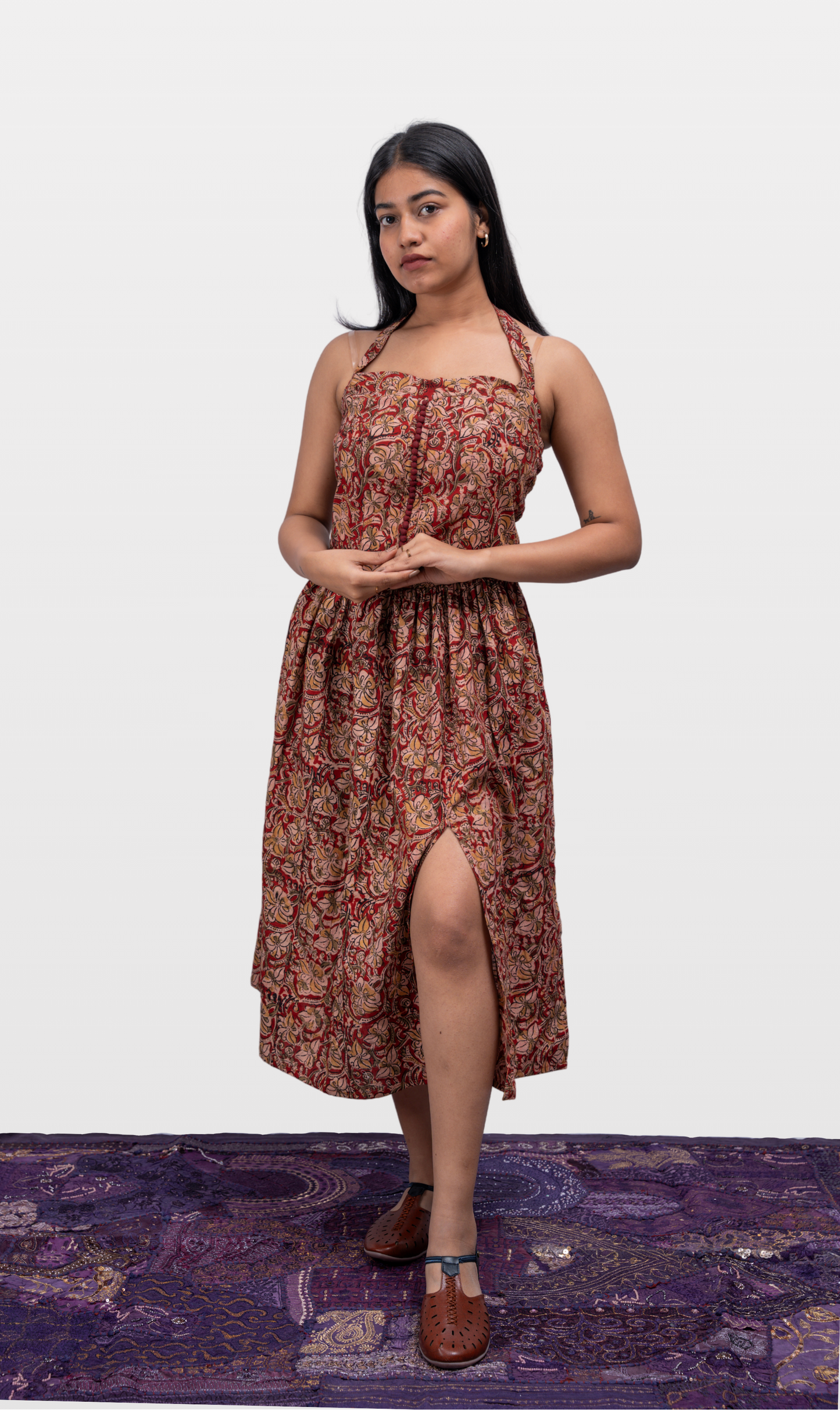 House of Leela Handloom Pure cotton RUHA Kalamkari Vintage Slit Dress halter sweetheart neck front potli button design gathered waist sleeveless classic dress