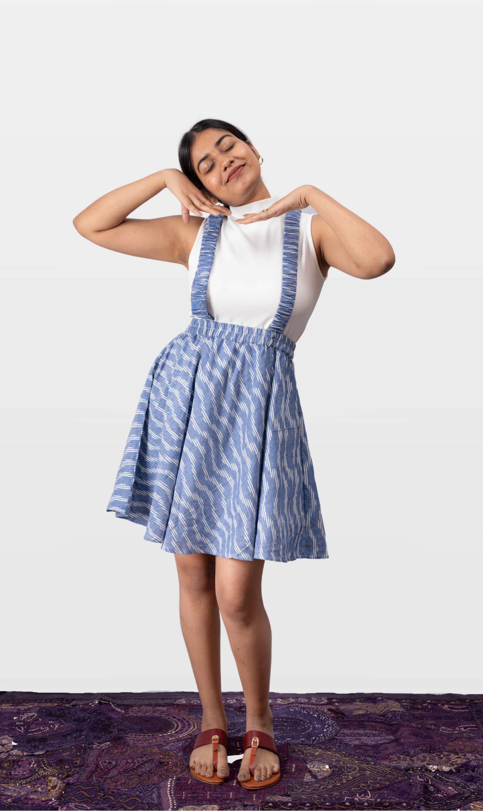 House of Leela Weaved Indian Handloom WAKA Pochampally Ikkat Detachable Elastic Suspender Strap Skirt blue and white diagonal lines cute skirt in pure cotton