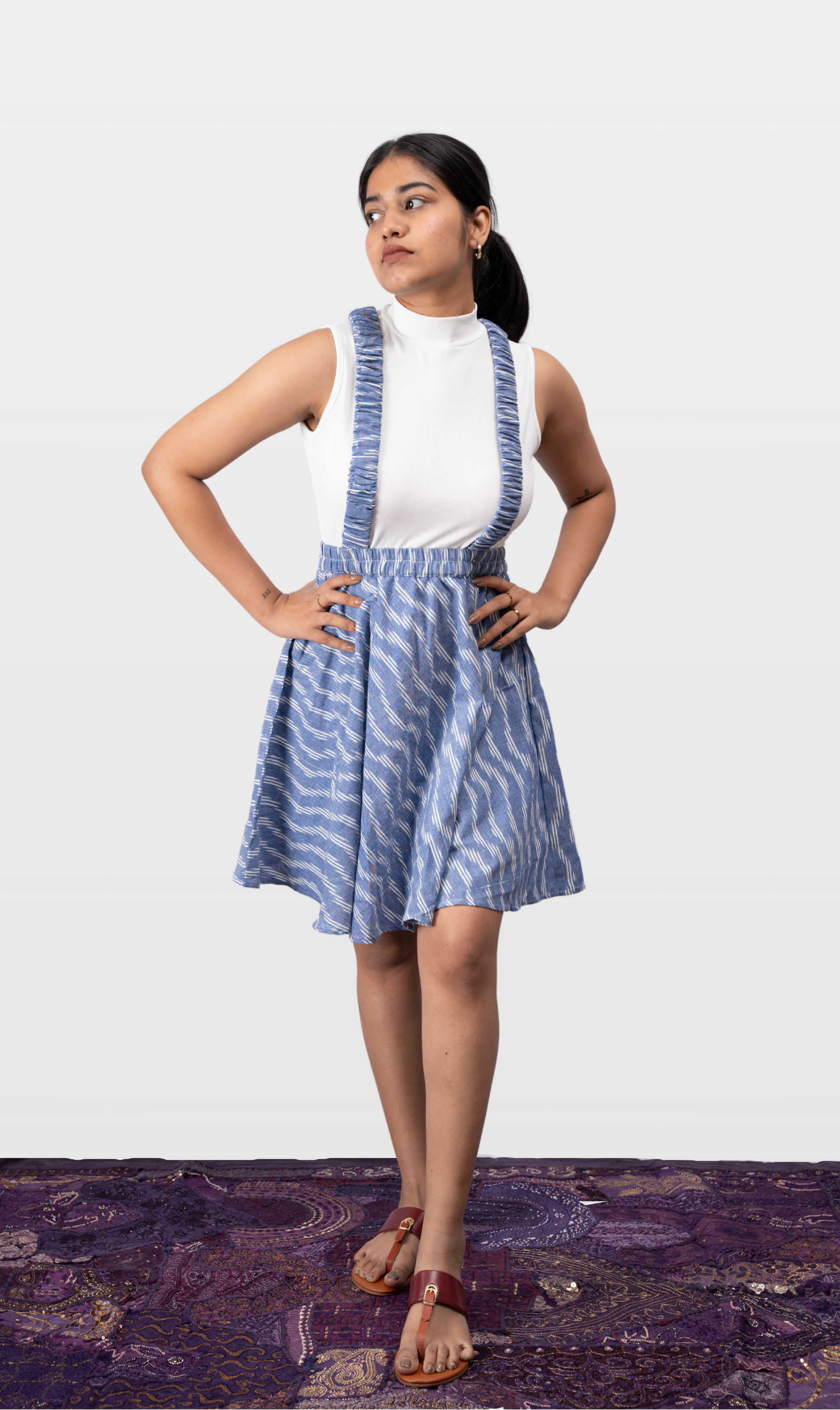 House of Leela Weaved Indian Handloom WAKA Pochampally Ikkat Detachable Elastic Suspender Strap Skirt blue and white diagonal lines cute skirt in pure cotton