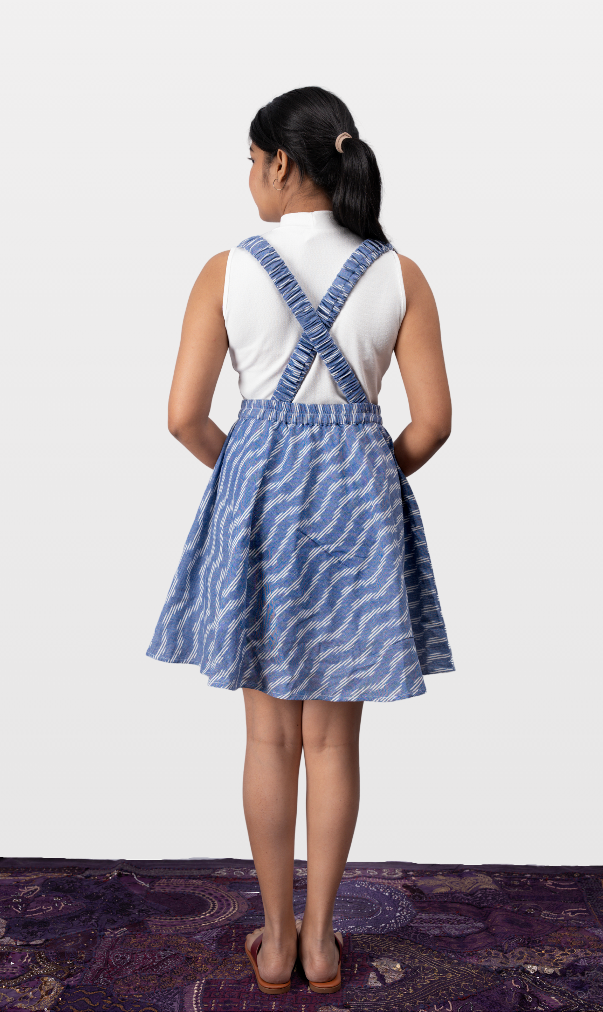 House of Leela Weaved Indian Handloom WAKA Pochampally Ikkat Detachable Elastic Suspender Strap Skirt blue and white diagonal lines cute skirt in pure cotton