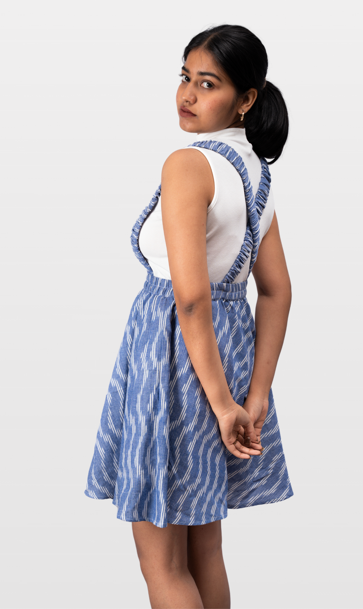 House of Leela Weaved Indian Handloom WAKA Pochampally Ikkat Detachable Elastic Suspender Strap Skirt blue and white diagonal lines cute skirt in pure cotton