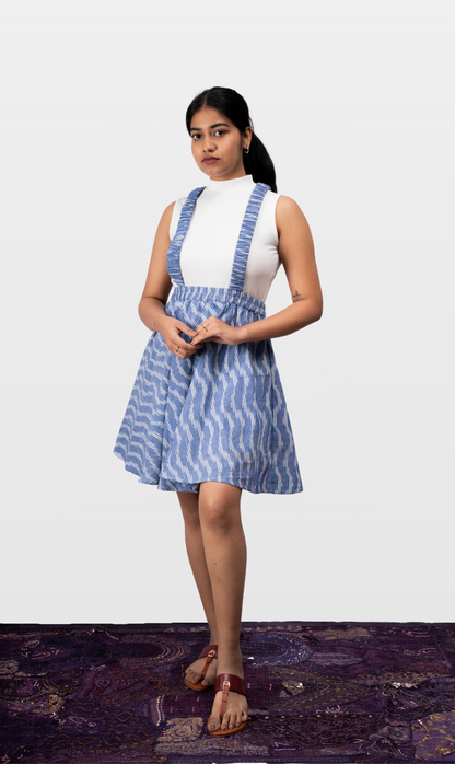 House of Leela Weaved Indian Handloom WAKA Pochampally Ikkat Detachable Elastic Suspender Strap Skirt blue and white diagonal lines cute skirt in pure cotton