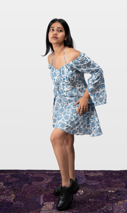 House of Leela Handloom Pure cotton SAPHA Jaipur Block Print Dress spaghetti tie straps wide neck long slit bell sleeves corset body blue and white floral dress with back zip closure