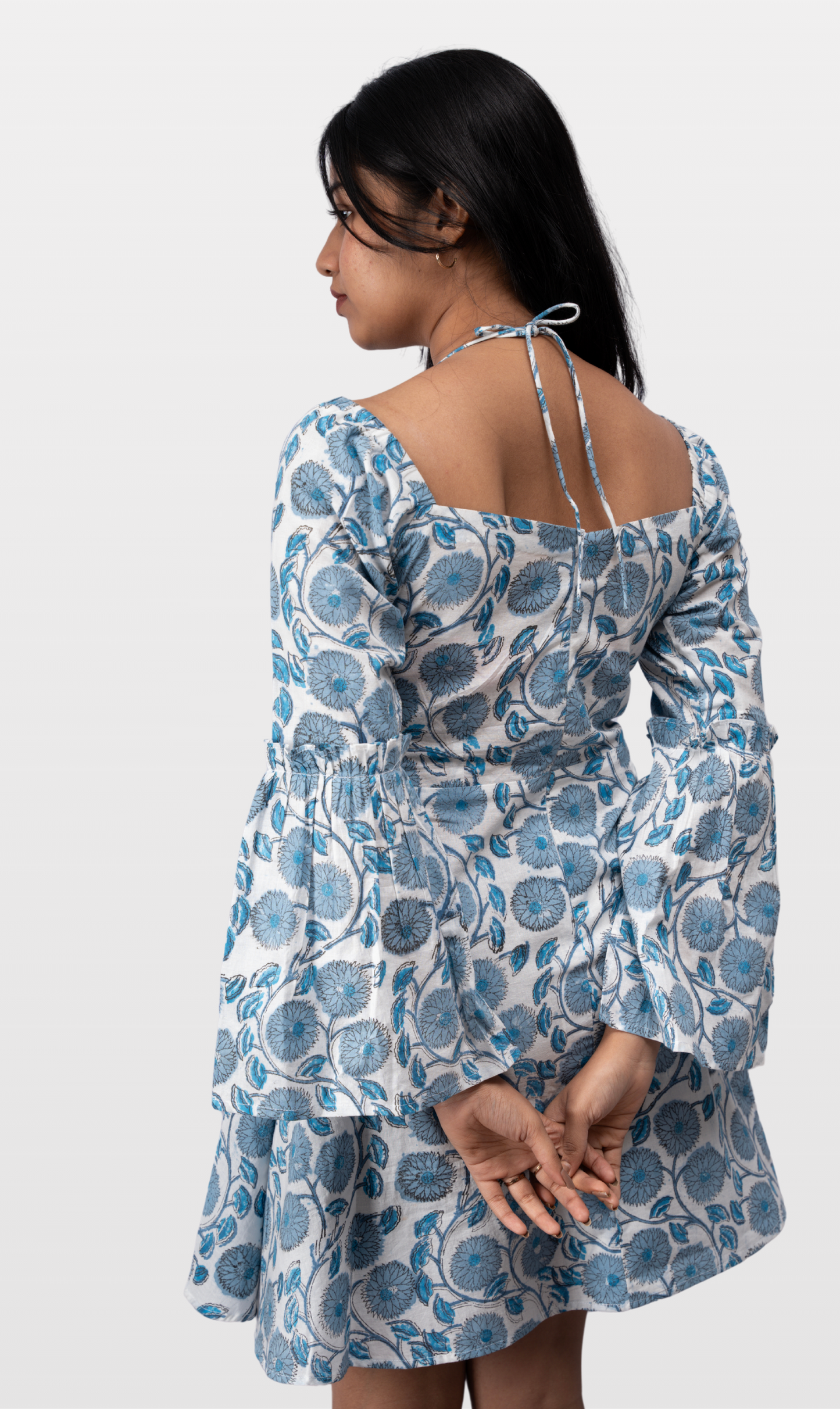 House of Leela Handloom Pure cotton SAPHA Jaipur Block Print Dress spaghetti tie straps wide neck long slit bell sleeves corset body blue and white floral dress with back zip closure