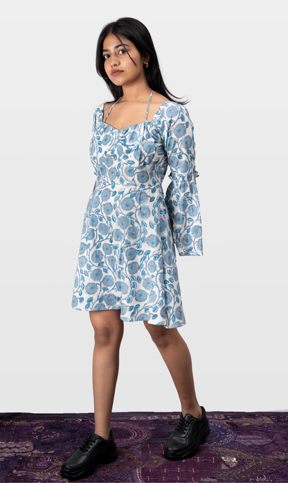 House of Leela Handloom Pure cotton SAPHA Jaipur Block Print Dress spaghetti tie straps wide neck long slit bell sleeves corset body blue and white floral dress with back zip closure