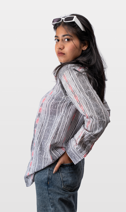 House of Leela Handloom MANMO Pochampally Ikkat Boho Shirt black white red grey multicolour full sleeves collar buttoned loose fit boyfriend shirt pure cotton