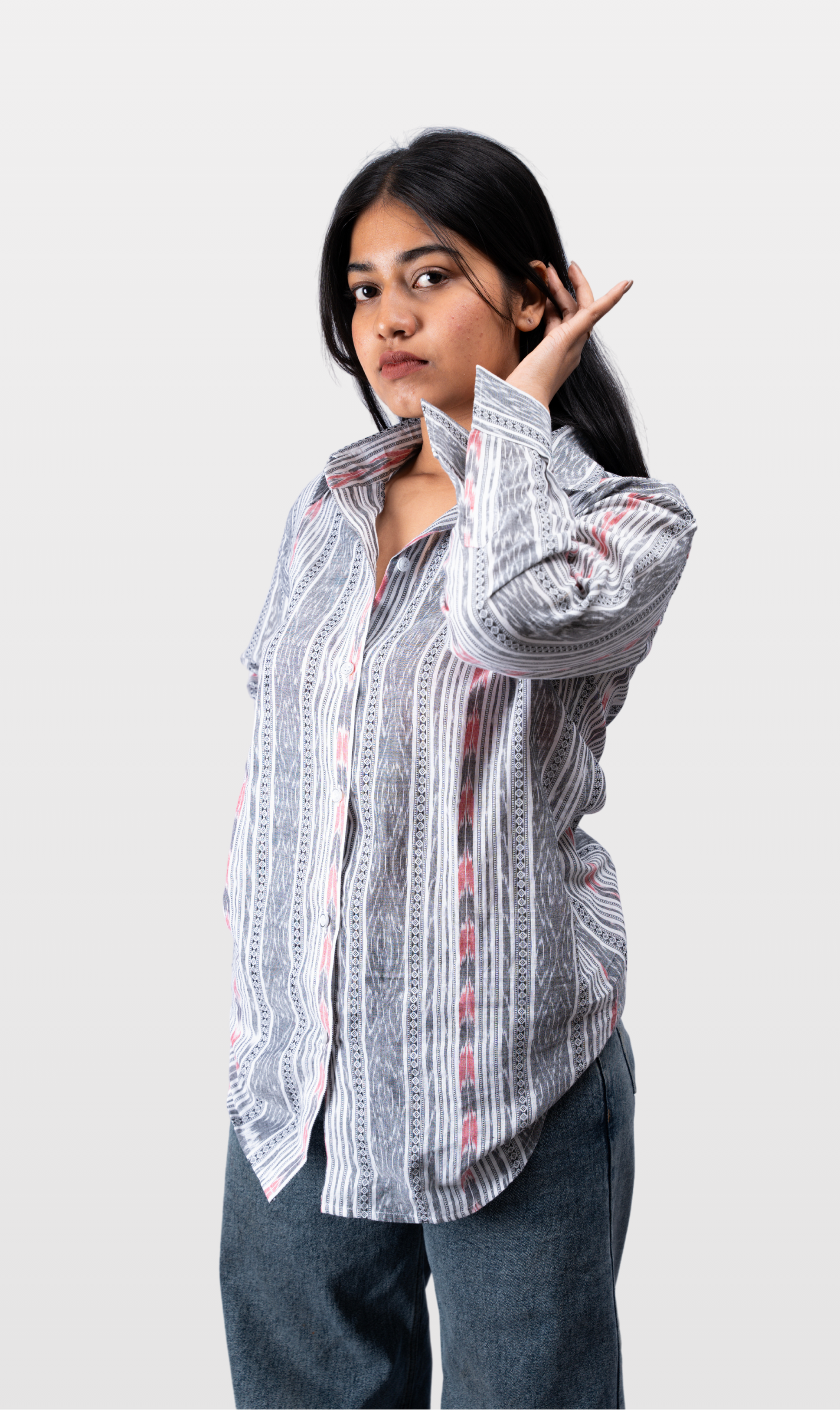 House of Leela Handloom MANMO Pochampally Ikkat Boho Shirt black white red grey multicolour full sleeves collar buttoned loose fit boyfriend shirt pure cotton